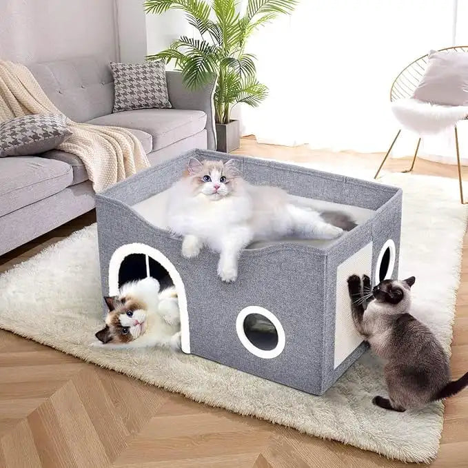 Cat House for Indoor Cat Bed Cave with Fluffy Ball Scratch Pad Foldable Cat Hideaway Covered for Multi Small Pet Large Kitty