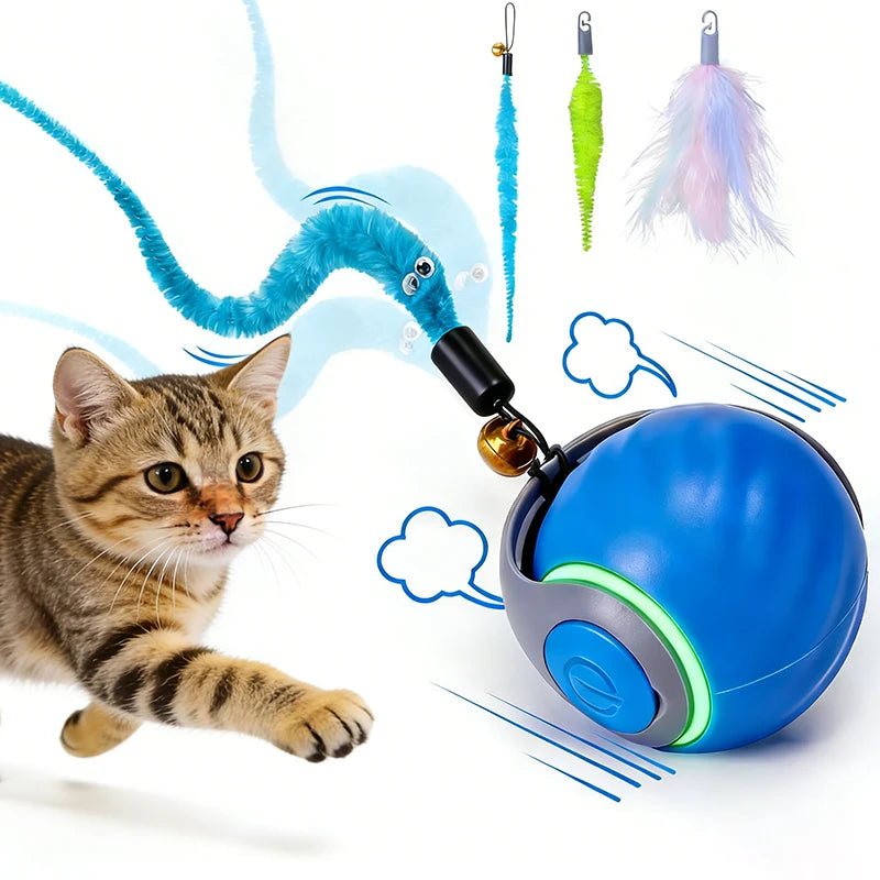 Automatic Interactive Cat Toy Ball for Indoor Cat Toys with 3 Tails 2 Speeds Rechargeable Rolling Ball for Cats with Bird Sound