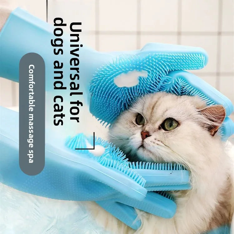 Magic Silicone Pet Bathing Gloves for Dog & Cat Bathe & Shampoo Stocked Brush Gloves 2-Pack for Bathroom Use