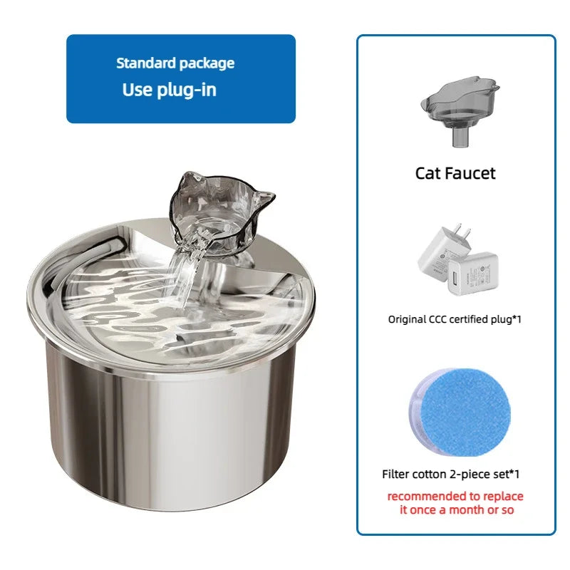 OEM 2L Stainless Steel Automatic Filter Cat Water Fountain Pet Water Dispenser Smart Pet Drinking Fountain With Faucet Drinker