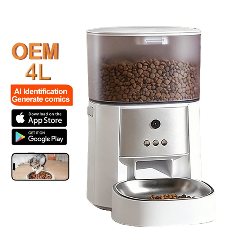 2026 OEM 4L Automatic Pet Feeder with Camera Smart Pet Feeder Mult-Cats AI Identification Generate Comics Dog Dry Food Dispenser