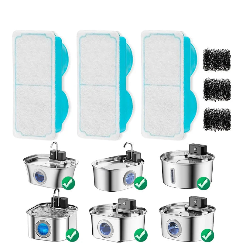 3pcs Smart Cat Water Fountain Filters for 108oz/3.2L Wireless Cat Water Fountain Battery Operated Stainless Steel Pet Feeder