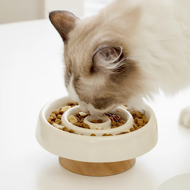 Ceramic Cat Bowl Slow Feeder Bowl for Pets Anti-Chok Cat Food and Water Dish with Neck Protection Wood Stand-for Dogs
