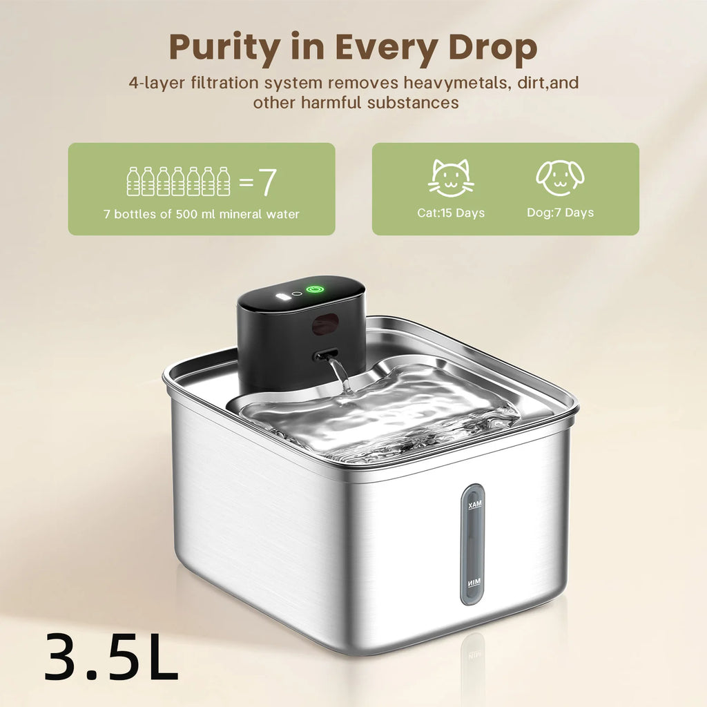 OEM 3.5L Wireless Stainless Steel Cat Water Fountain 108oz/3.2L 3-Modes Indoor Cordless Battery Pet Drinking Fountain Automatic