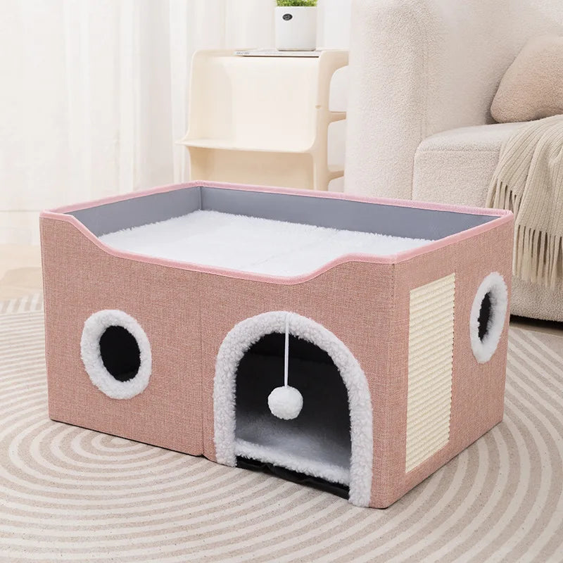Cat House for Indoor Cat Bed Cave with Fluffy Ball Scratch Pad Foldable Cat Hideaway Covered for Multi Small Pet Large Kitty