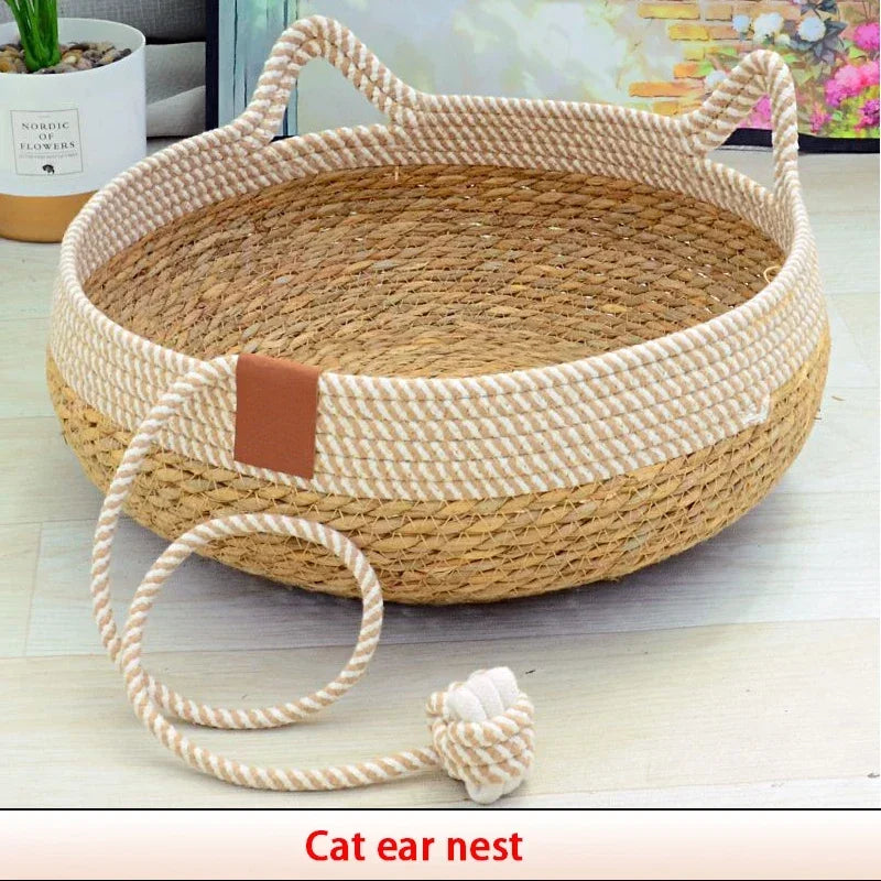 Removable Woven Cat Bed Upholstery Sleeping House Cat Scratch Floor Rattan Wear-resistant Washable Cat Cave Pet Supplies