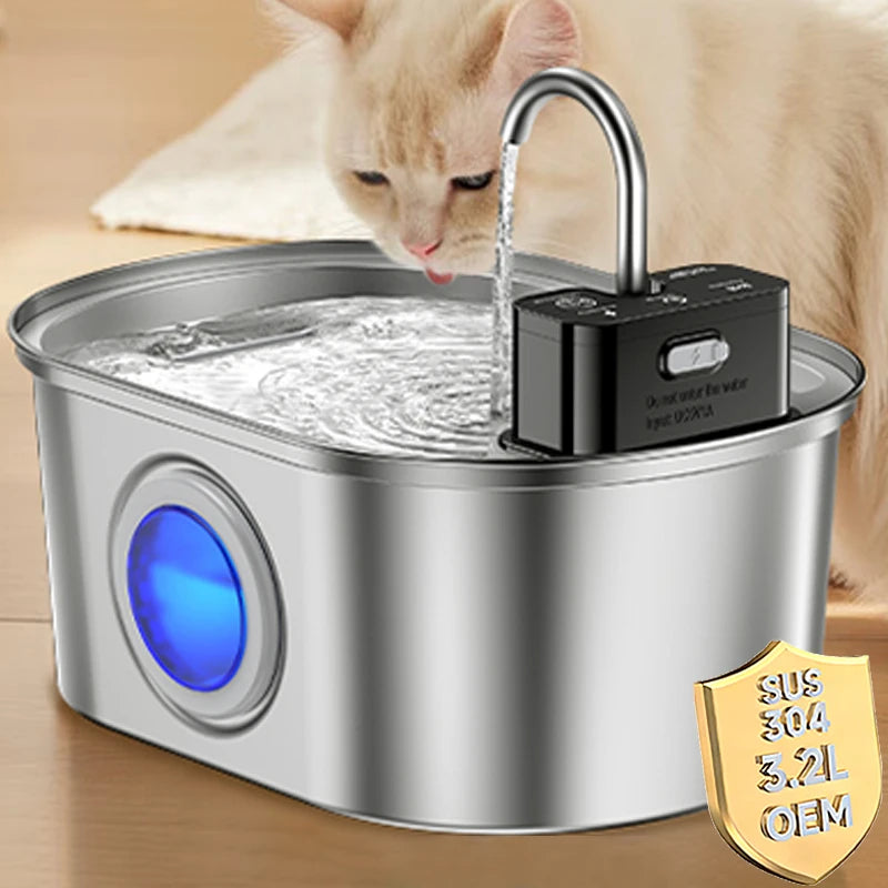 3.2L Stainless Steel Cat Water Fountain Wireless 4000mAh Smart Automatic Dog Water Dispenser Drinking Fountain