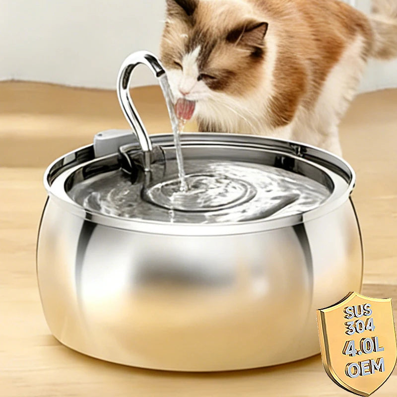 4L Large Capacity Stainless Steel Automatic Cat Water Fountain Ultra-Quiet Indoor Smart Pet Water Dispenser