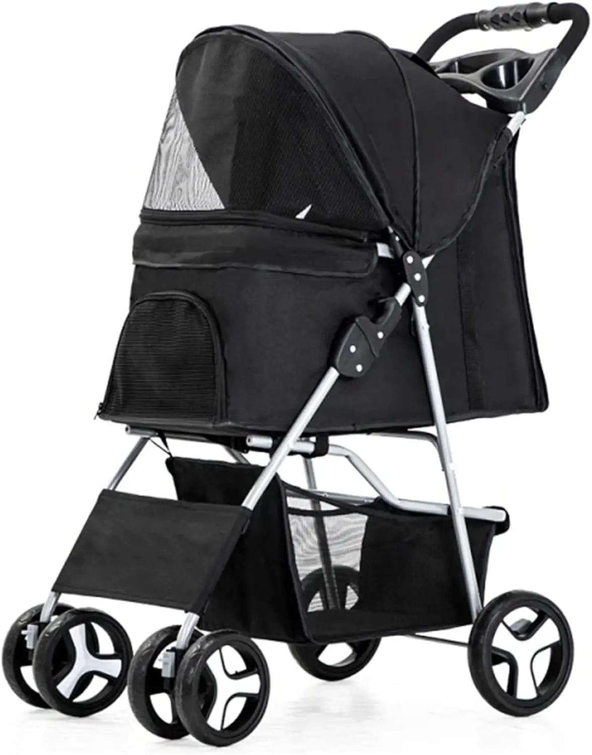 4 Wheels Pet Travel Trolley Cat Dog Jogger Stroller with Cup Holder and Storage Basket Pet Pushchair for Small Medium Cats Dogs