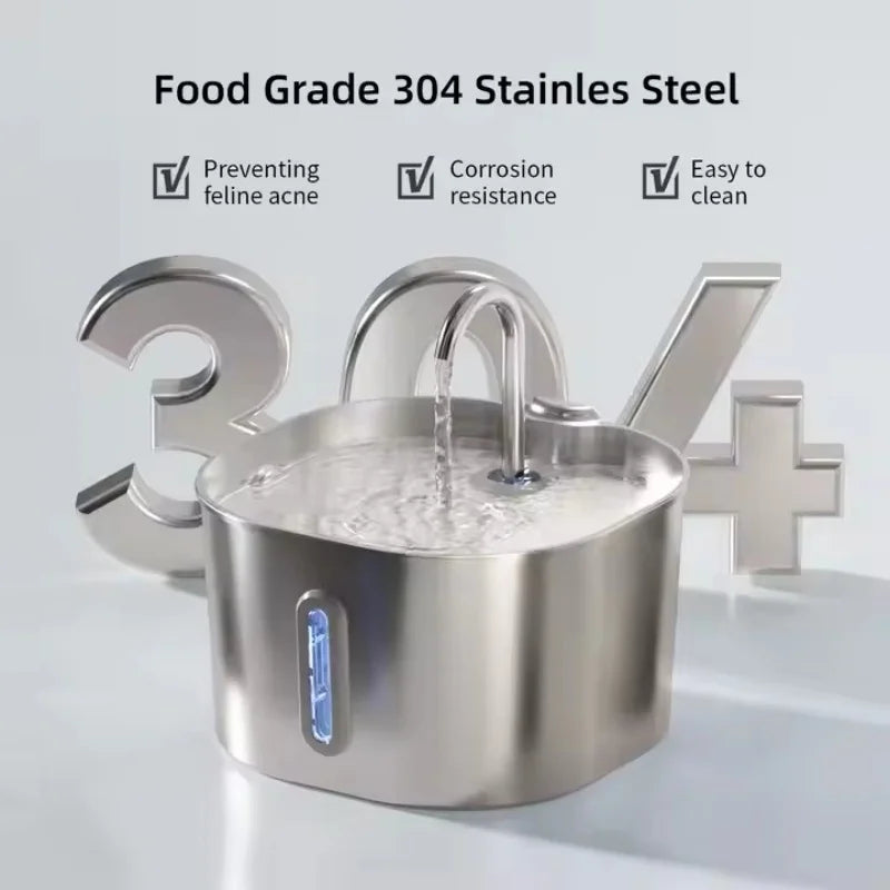 OEM 2.2L Stainless Steel Cat Water Fountain for Cats Quiet Auto-Circulating Pet Water Dispenser with Water Level