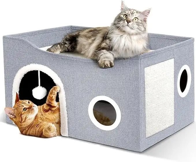 Cat House for Indoor Cat Bed Cave with Fluffy Ball Scratch Pad Foldable Cat Hideaway Covered for Multi Small Pet Large Kitty