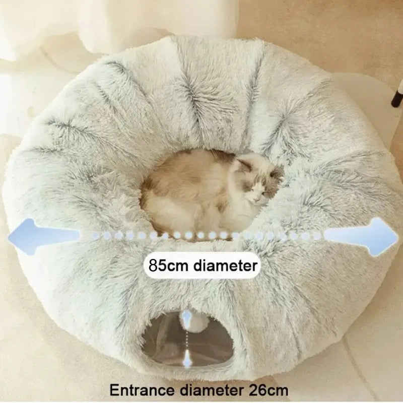 Plush Cat Bed with Tunnel for Indoor Multifunctional Cat Tunnel Bed with Fluffy Plush Donut Cat Tunnel