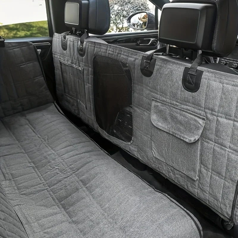 Luxury Plaid Waterproof Detachable Pet Seat Cover for the Back of the Car Split Into Two Pockets with Mesh and Safety Leash