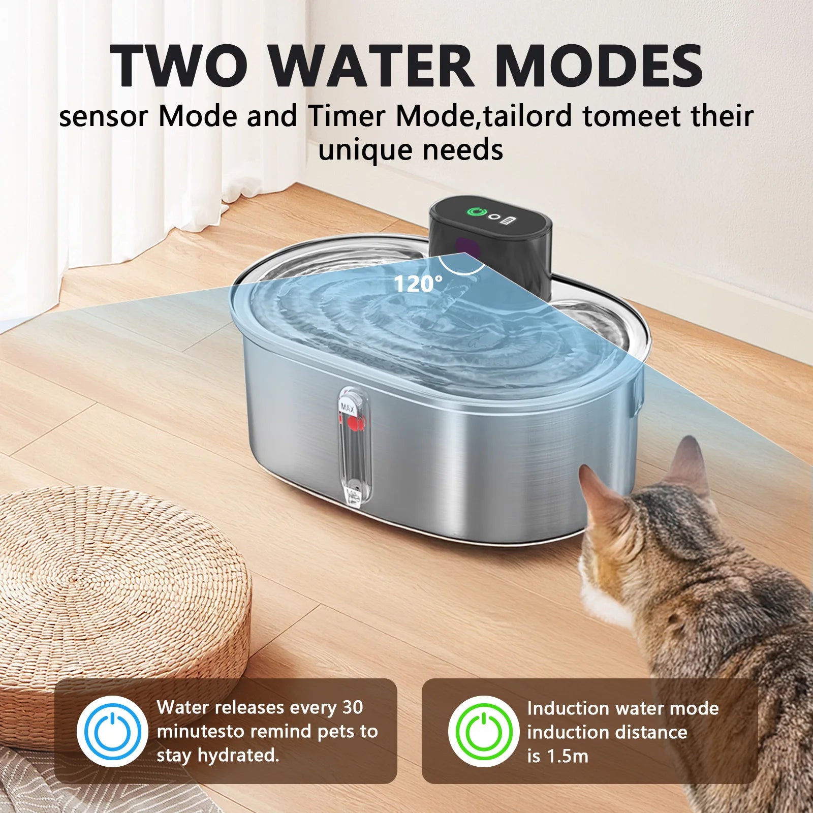 OEM 3L Automatic Cat Water Fountain Stainless Steel with Sensor Battery Cordless Pet Water Dispenser for Multiple Cats