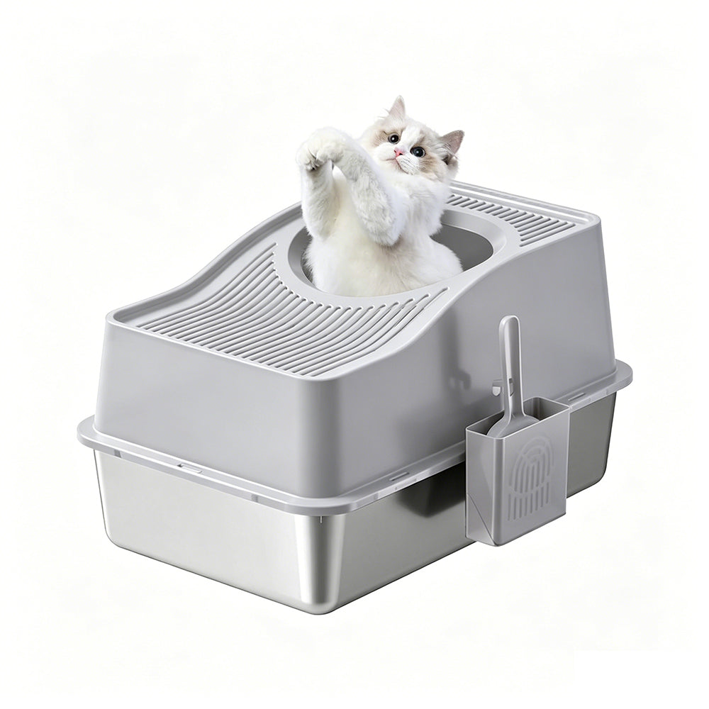 Custom Semi-Enclosed Stainless Steel Cat Litter Box With Ventilated Lid High Walls Anti Splash Top Entry Cat Toilet with Handle