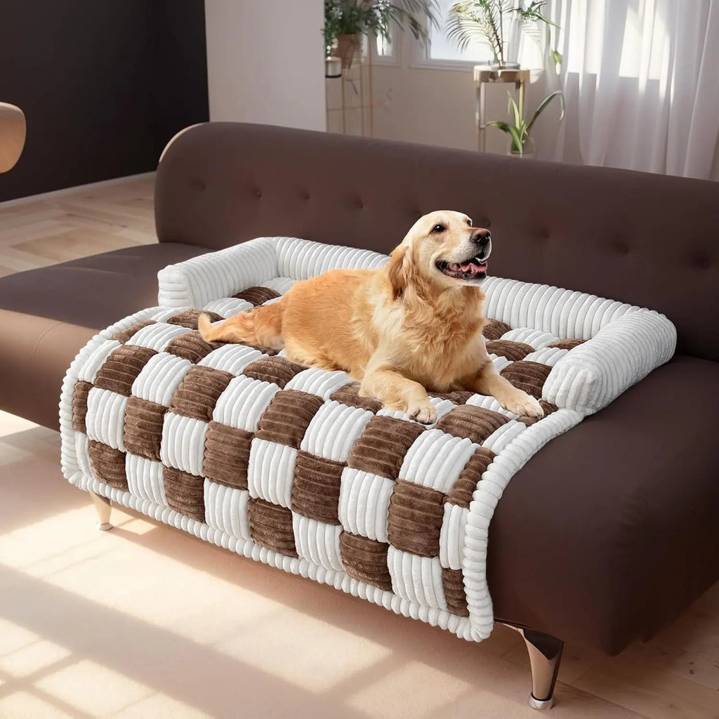 Cozy Luxury Dog Sofa Protector Cover Cream Square Plaid Print Pet Blanket with Customized LOGO Furniture Protector Mat