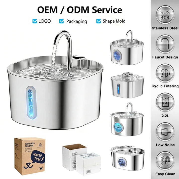 OEM Stainless Steel 2.2L Automatic Pet Water Dispenser Cat Water Fountain with Water Level Window New Cat Products ODM Custom