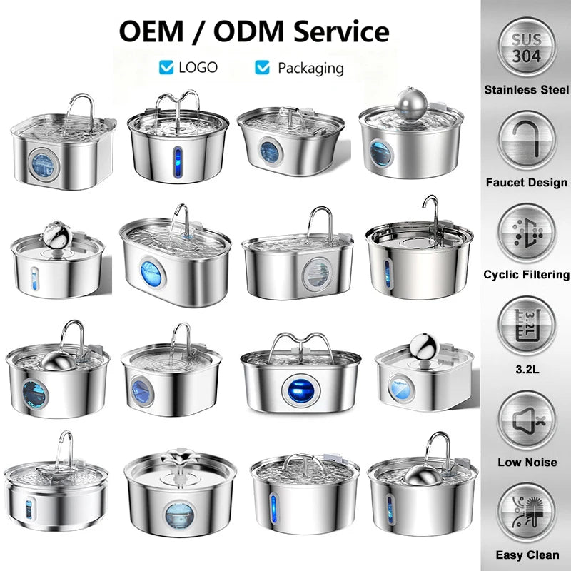 OEM 3.2L Eco-Friendly Stylish Stainless Steel Automatic Cat Water Fountain with Portable Design for Indoor Use