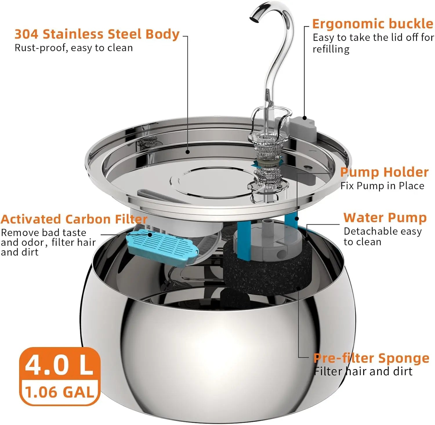 4L Large Capacity Stainless Steel Automatic Cat Water Fountain Ultra-Quiet Indoor Smart Pet Water Dispenser