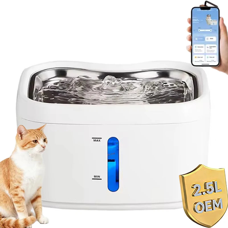 Factory Wireless Cat Water Fountain 2.5L/84oz Weighting Water Level Window LED Light Automatic Pet Water Dispenser OEM ODM