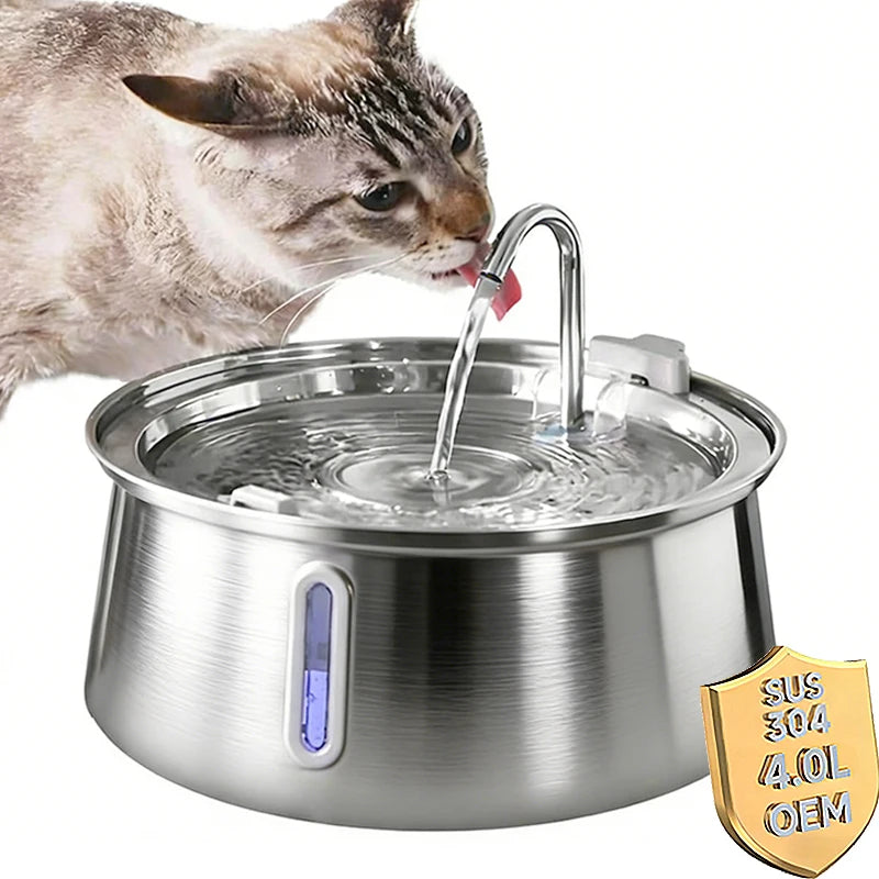 134oz/4L Automatic Stainless Steel Cat Water Fountain With Water Level Window Indoor Pet Water Dispenser With Faucet Kit