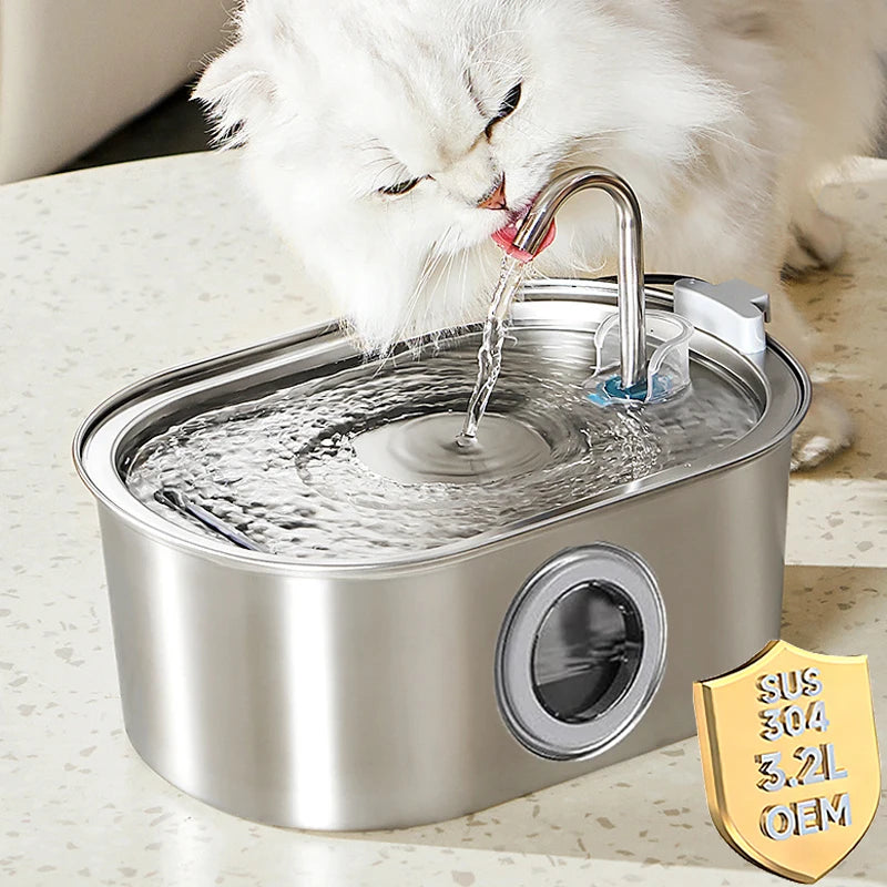3.2L Oval Stainless Steel Cat Water Fountain with Water Level Window Automatic Dog Water Dispenser for Cat Fountain