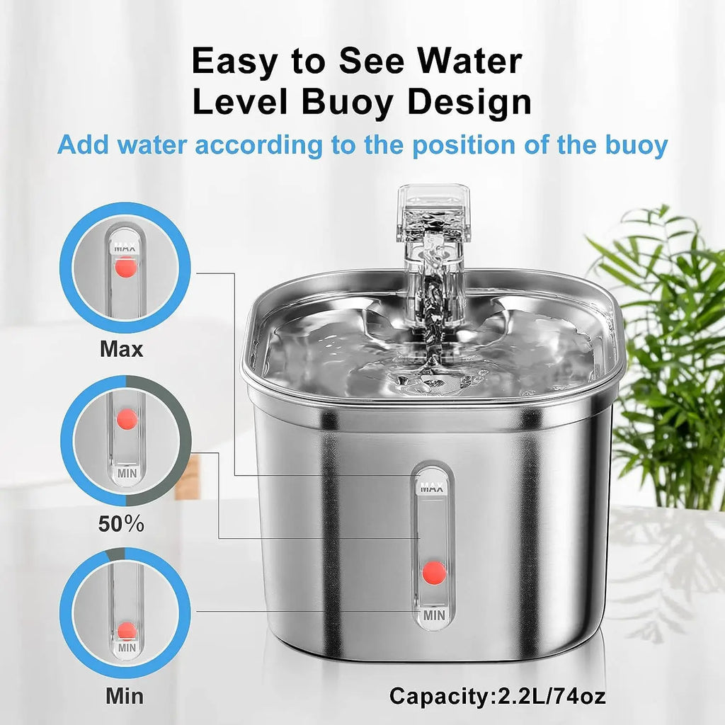 2.2L Stainless Steel Automatic Cat Water Fountain USB Charge Circulation LCD Display Eco-Friendly Pet Water Dispenser