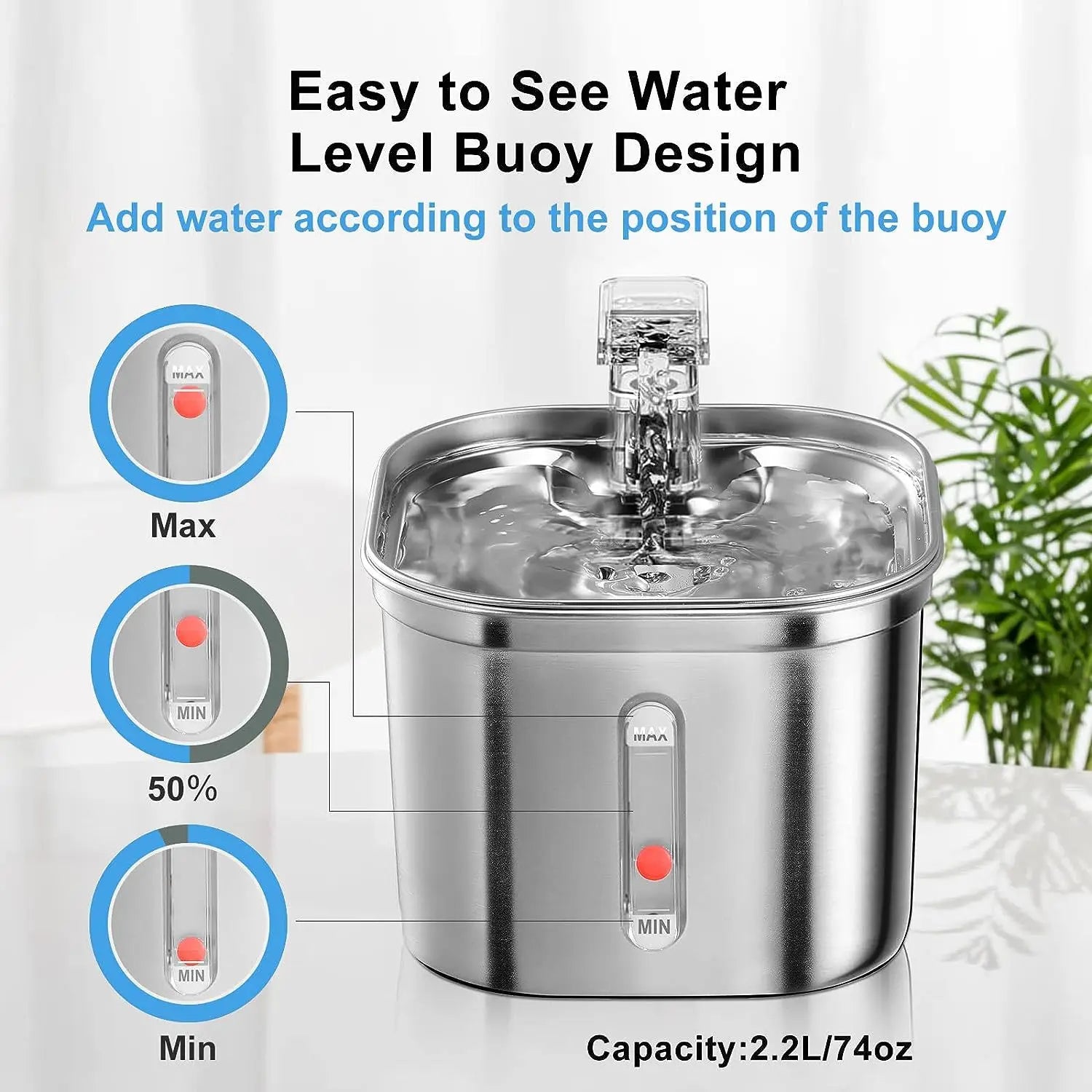 2.2L Stainless Steel Automatic Cat Water Fountain USB Charge Circulation LCD Display Eco-Friendly Pet Water Dispenser