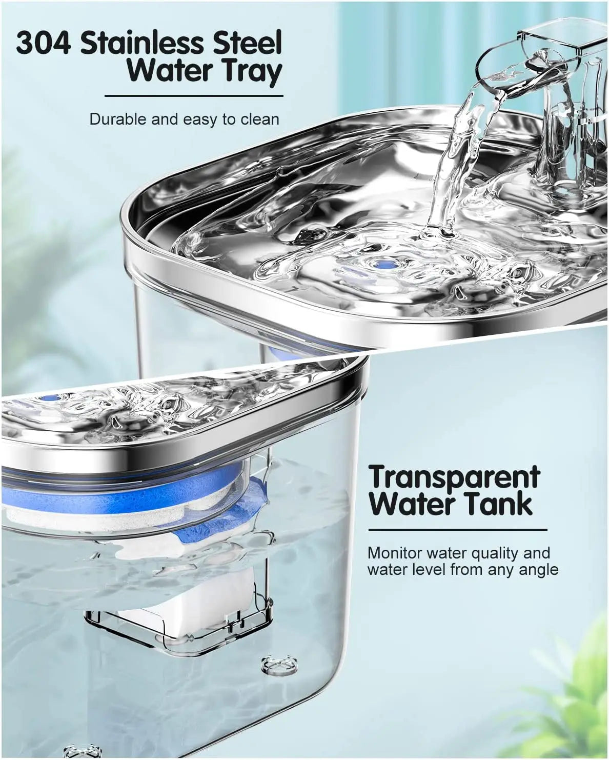2L Transparent Automatic Cat Water Fountain 304 Stainless Steel Cat Fountain Pet Water Dispenser with Filters