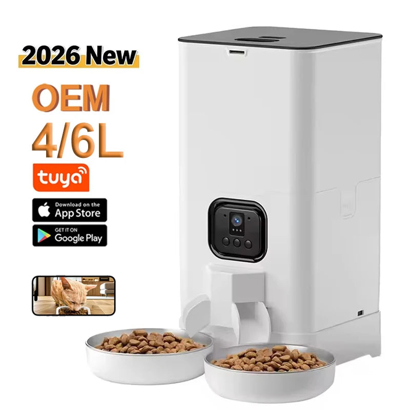2026 NEW OEM 4/6L Automatic Dog Feeder With Camera Dual Bowls Pet Food Bowl Voice Recording Smart Pet Feeder With Camera Tuya