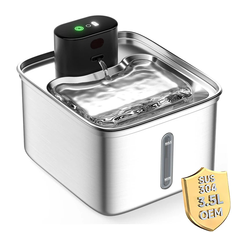 OEM 3.5L Wireless Stainless Steel Cat Water Fountain 108oz/3.2L 3-Modes Indoor Cordless Battery Pet Drinking Fountain Automatic