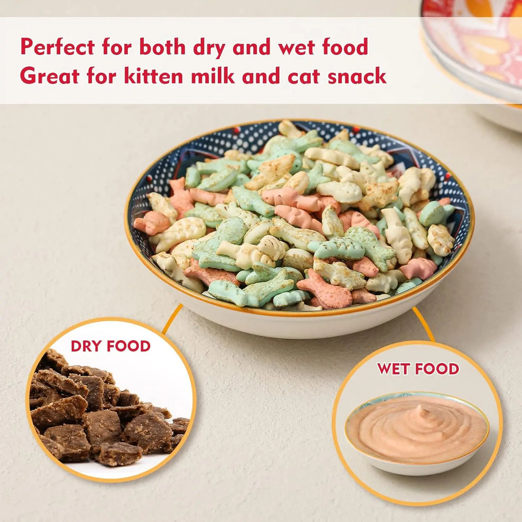 Ceramic Cat Bowls for Food Colorful Cute Cat Bowl Set of 6 Wide Shallow Whisker Friendly Microwave and Dishwasher Safe