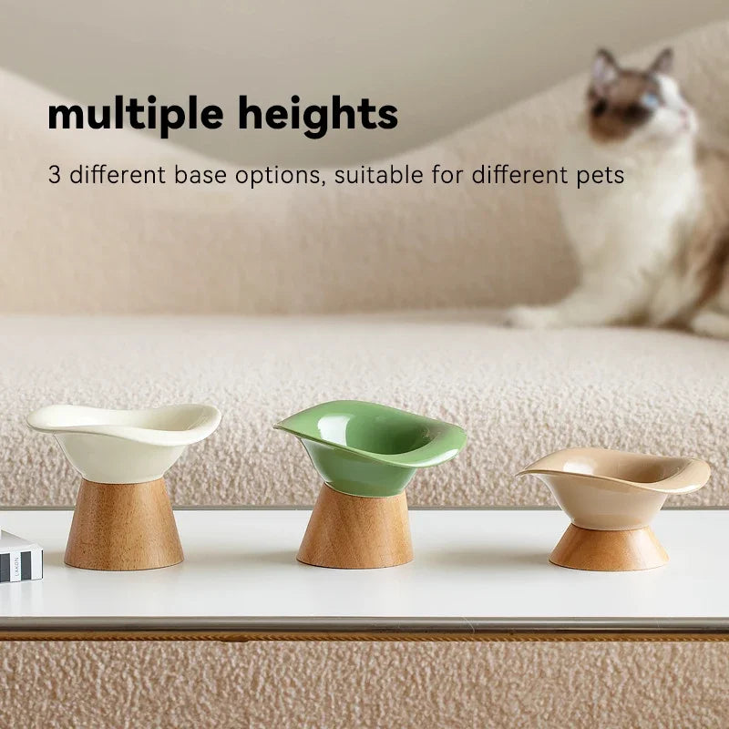 Raised Tilted Cat Food Water Bowl Pet Dog Elevated Drinking Eating Bowls with Wooden Stand Puppy Kitten Feeding Ceramic Cat Bowl
