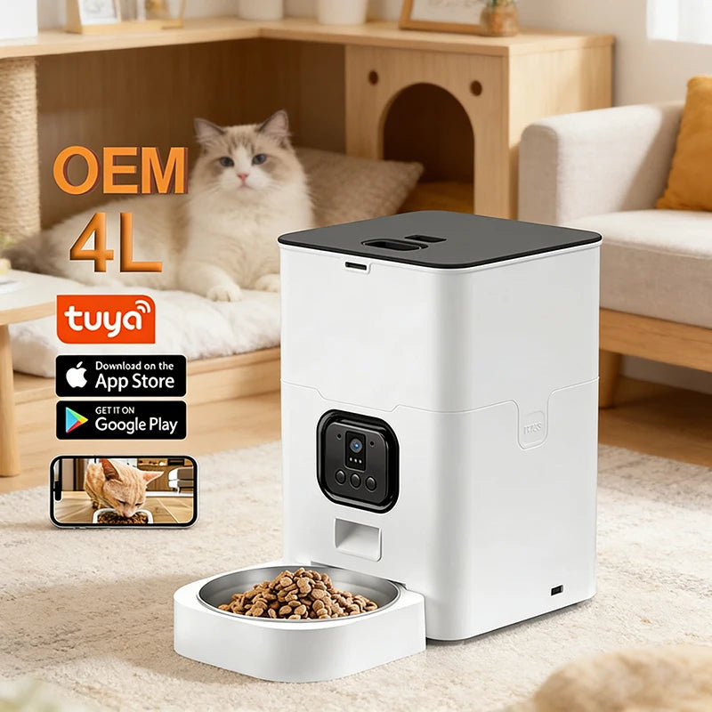 OEM 4L Automatic Cat Feeder With Camera TUYA APP Dog Dry Food Dispenser WIFI Smart Pet Feeder Manufacturer
