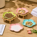 Gradient Color Ceramic Cat Bowl with Plum Blossom Design and Wooden Stand Anti-Slip Cat & Dog Feeding Dish for Neck Protection