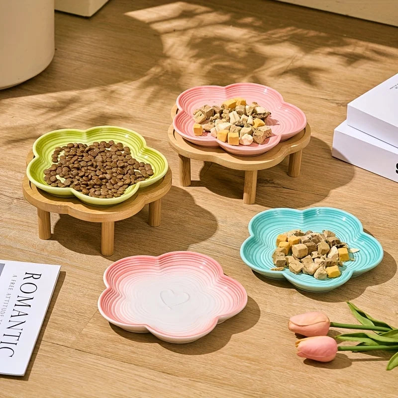 Gradient Color Ceramic Cat Bowl with Plum Blossom Design and Wooden Stand Anti-Slip Cat & Dog Feeding Dish for Neck Protection