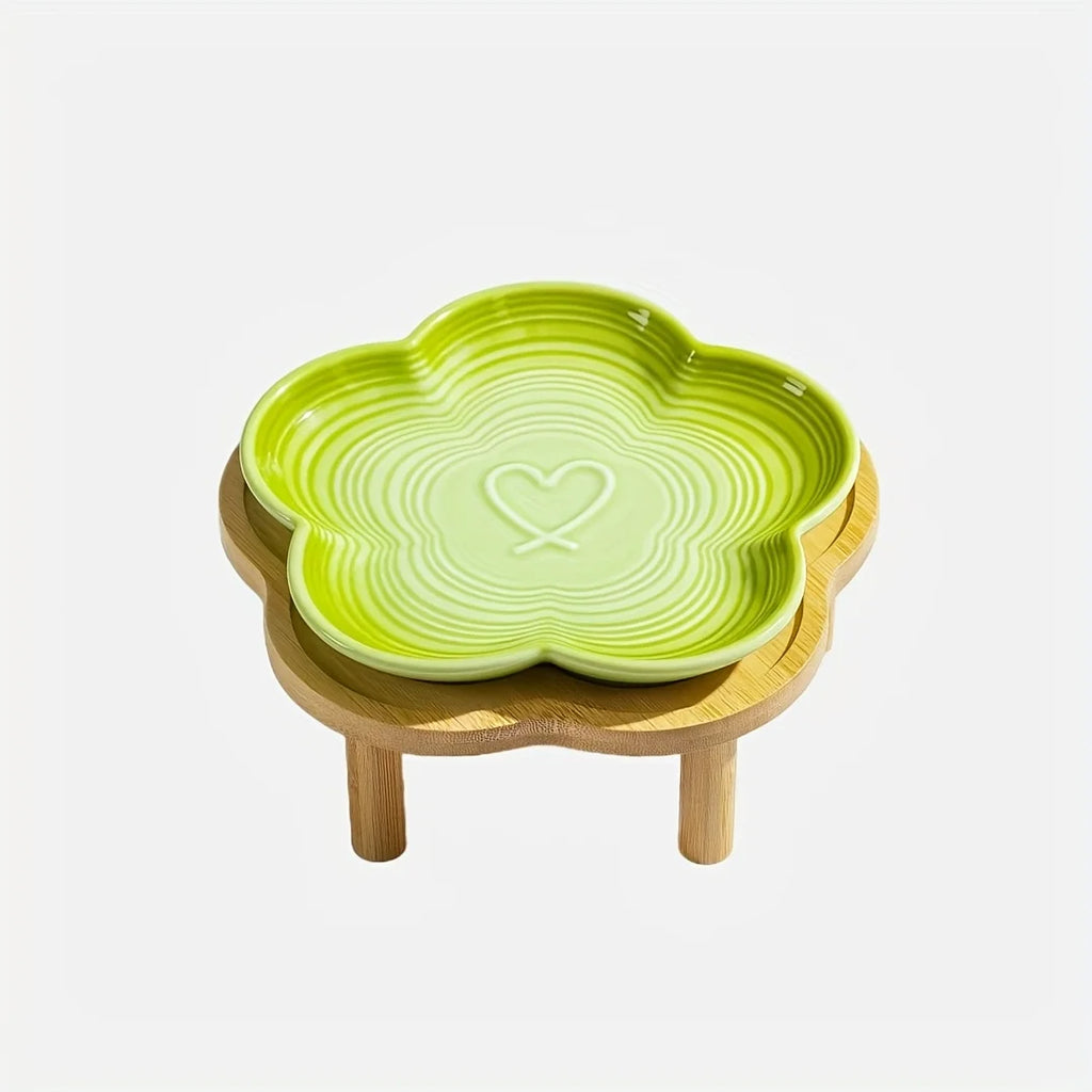 Gradient Color Ceramic Cat Bowl with Plum Blossom Design and Wooden Stand Anti-Slip Cat & Dog Feeding Dish for Neck Protection