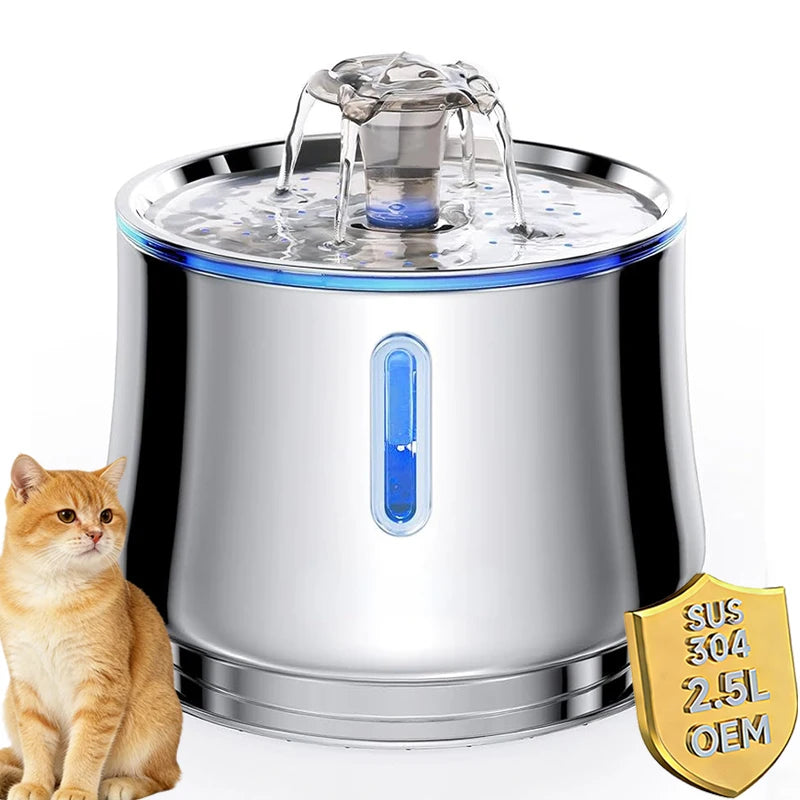 Automatic 2.5L Stainless Steel Pet Water Fountain Portable Rounded Cat Drinking Fountain with Water Level Window