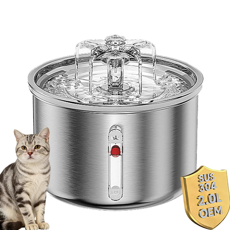 Factory Hot 67oz/2L Automatic Cat Water Fountain Stainless Steel Pet Water Dispenser with Flower Effluent Water Level Window