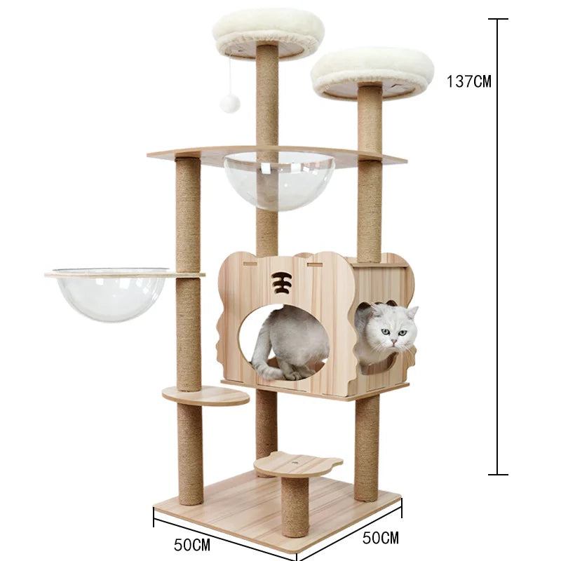Eco-Friendly Cat Scratcher Tower with Sisal Posts and Wood Frame Cat Toys Tree Hammock Climbing Frame Carton Packed
