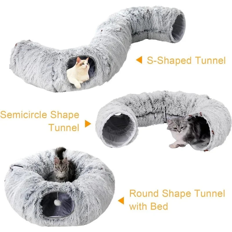 Plush Cat Bed with Tunnel for Indoor Multifunctional Cat Tunnel Bed with Fluffy Plush Donut Cat Tunnel