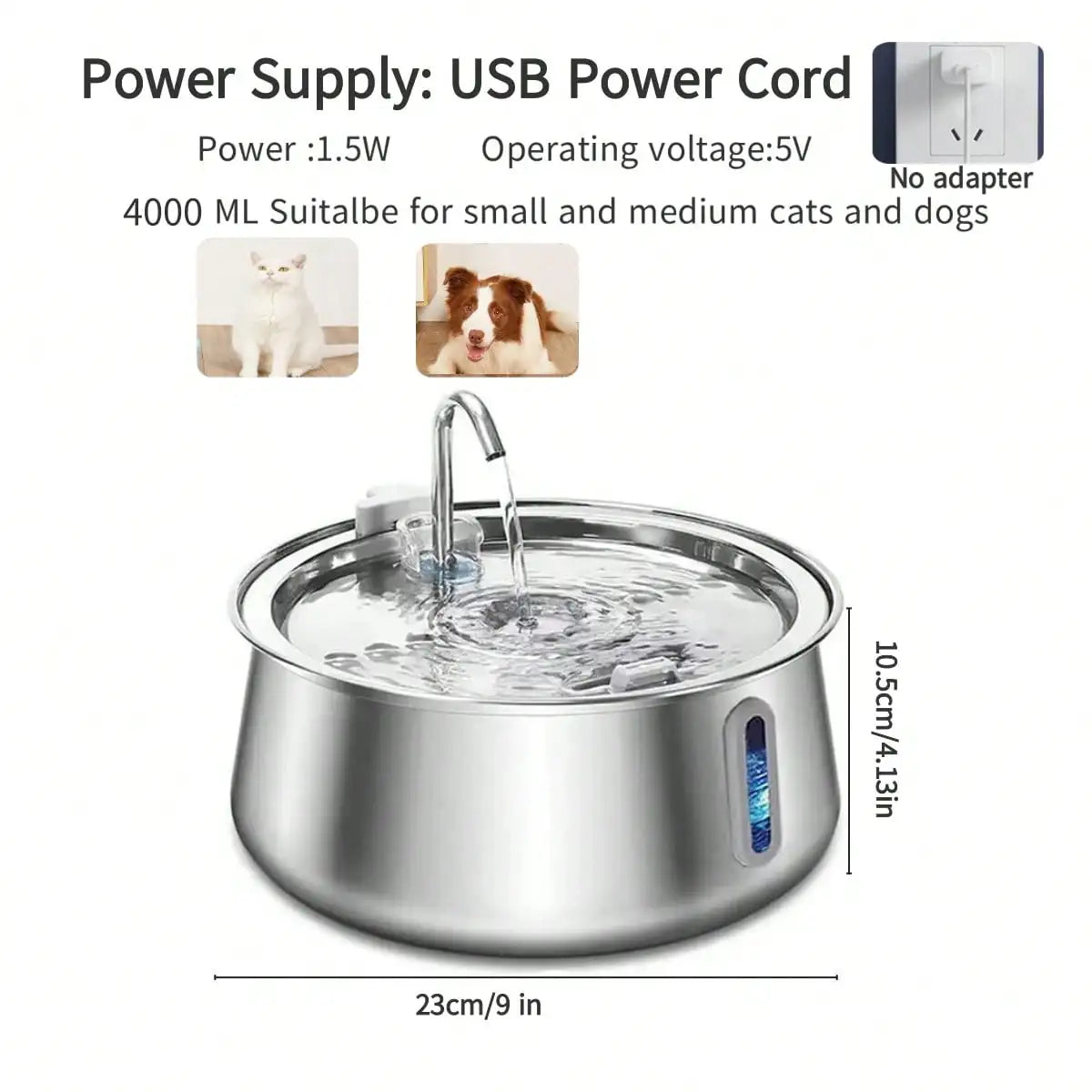 134oz/4L Automatic Stainless Steel Cat Water Fountain With Water Level Window Indoor Pet Water Dispenser With Faucet Kit