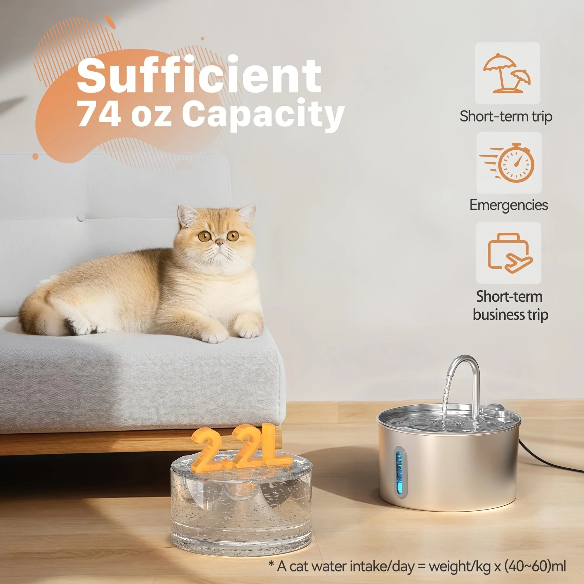 2.2L Stainless Steel Cat Water Fountain with Automatic Pump & Filter Indoor Drinking Fountain Ultra-Silent Smart Water Fountains