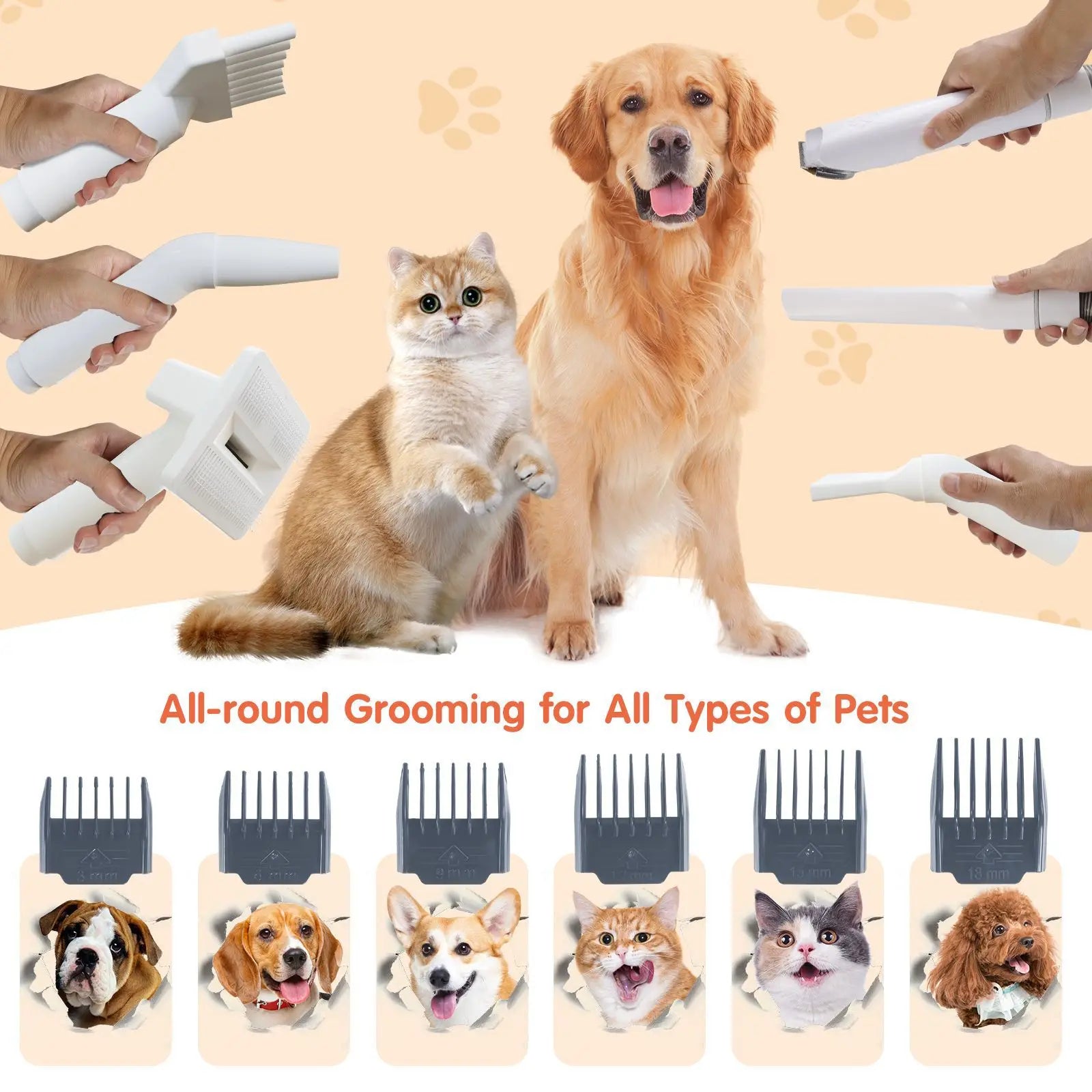 8-in-1 Professional Dog Grooming Vacuum Kit Portable Easy Use Strong Pet Hair Removal 6 Guide Combs Plastic Pet Grooming Tools