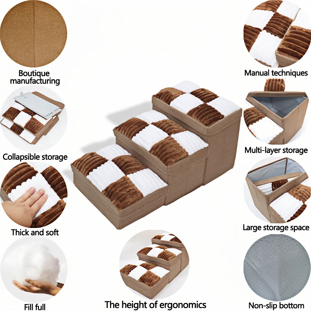 Luxury Chessboard Handcrafted 3 Steps Dog Stairs With Storage Napsteps Foldable Dog Bed Space Convenient Safe Pet Stairs for Dog