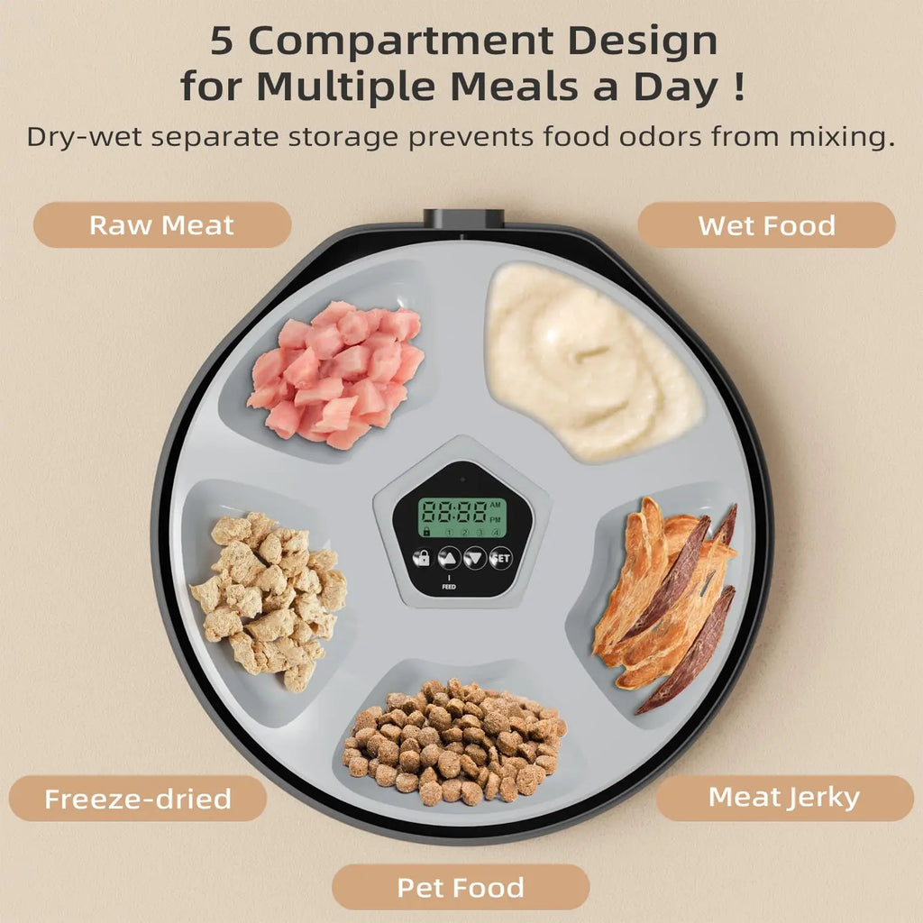 1.3L Automatic Pet Feeder Dog Food Dispenser with Programmable Timer 5-Meals Automatic Dog Feeder for Medium Large Cats Dogs