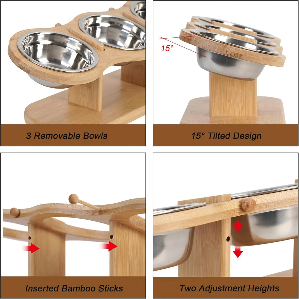Elevated Dog Bowls Raised 15 Degree Pet Bowls for Cats Small Dogs Raised Wooden Dog Food Feeder with 3 Stainless Steel Pet Bowls
