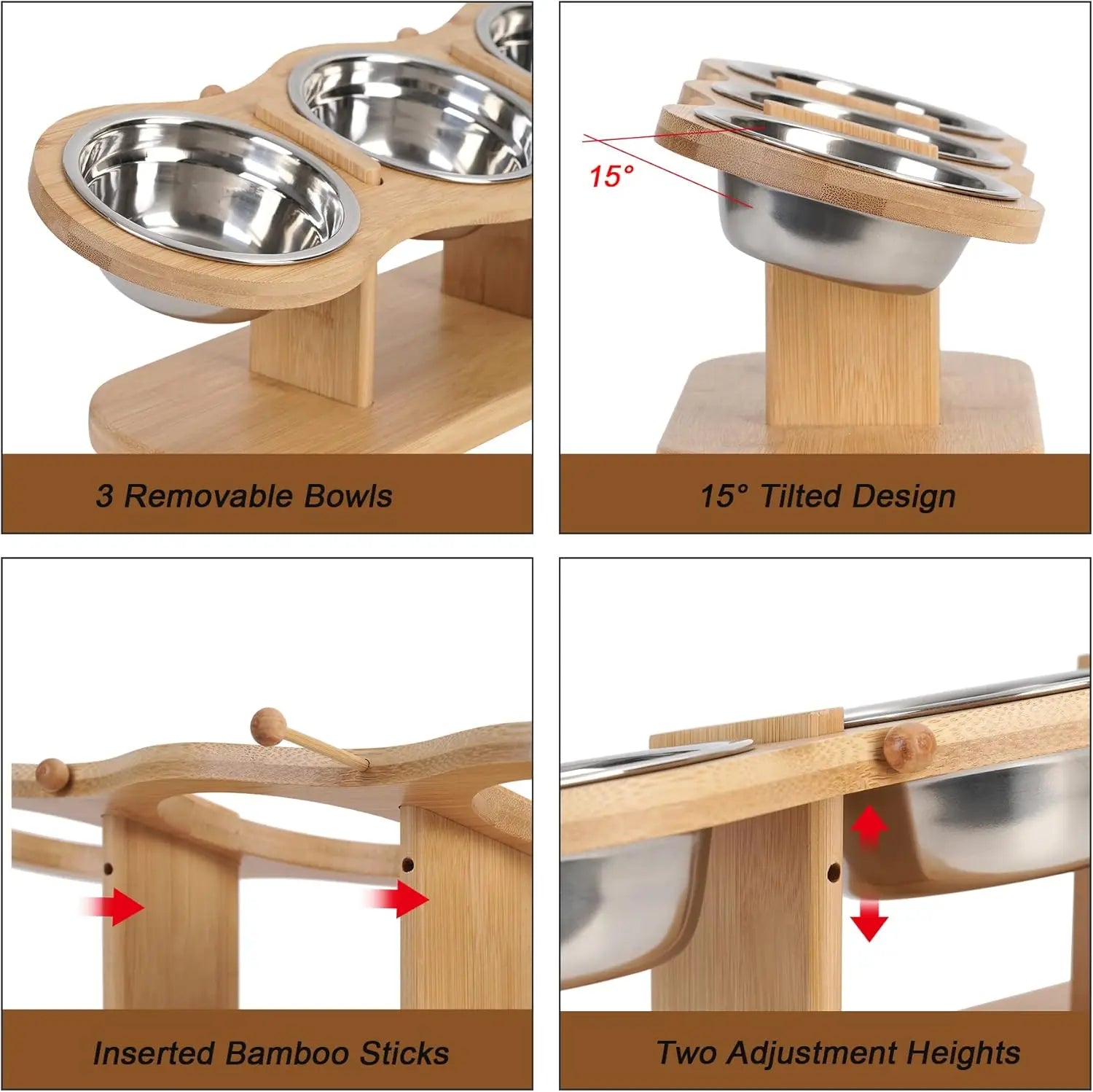 Elevated Dog Bowls Raised 15 Degree Pet Bowls for Cats Small Dogs Raised Wooden Dog Food Feeder with 3 Stainless Steel Pet Bowls