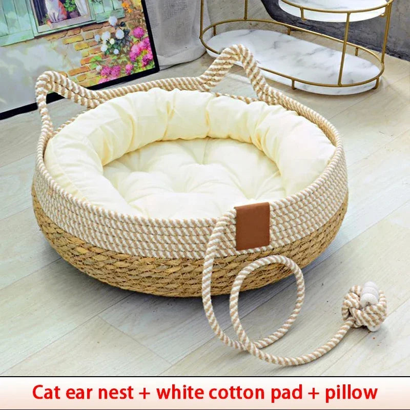 Removable Woven Cat Bed Upholstery Sleeping House Cat Scratch Floor Rattan Wear-resistant Washable Cat Cave Pet Supplies