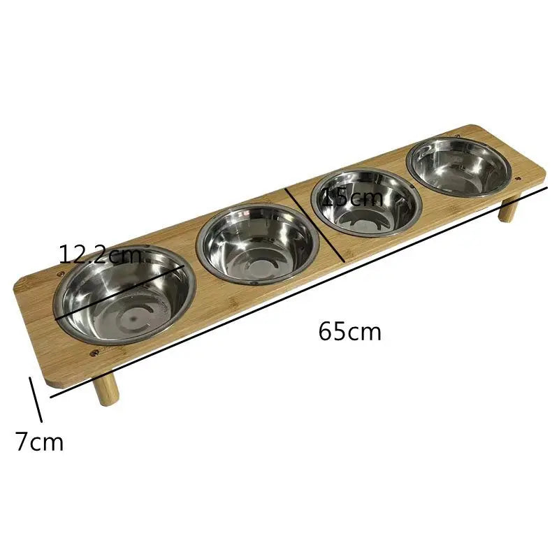 3 Bowls Natural Bamboo Elevated Cat Feeder Set with 3 Stainless Steel Bowls Anti-Vomiting Design for Indoor Pet Feeder